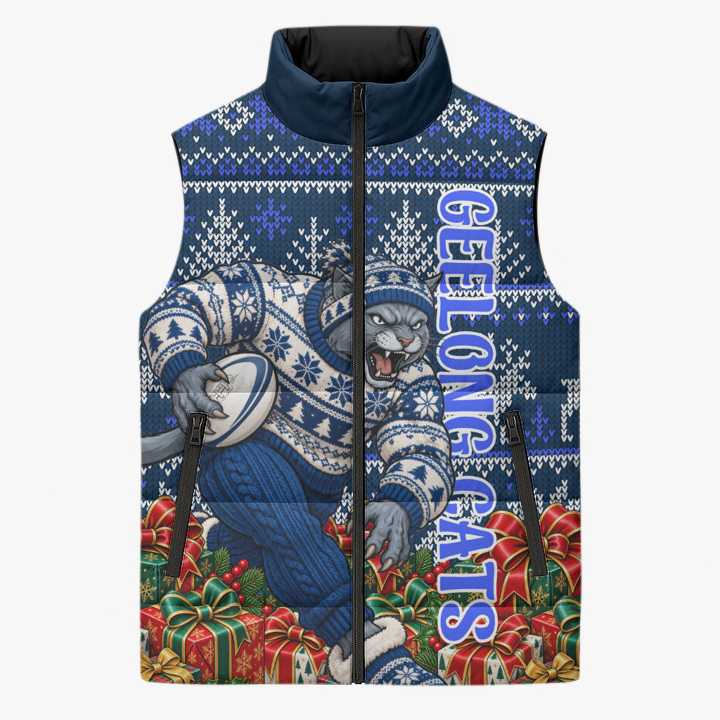 Personalized Geelong Cats Football Christmas Sleeveless Puffer Jacket Australian Football Mascot - Ugly Xmas Pattern Festive