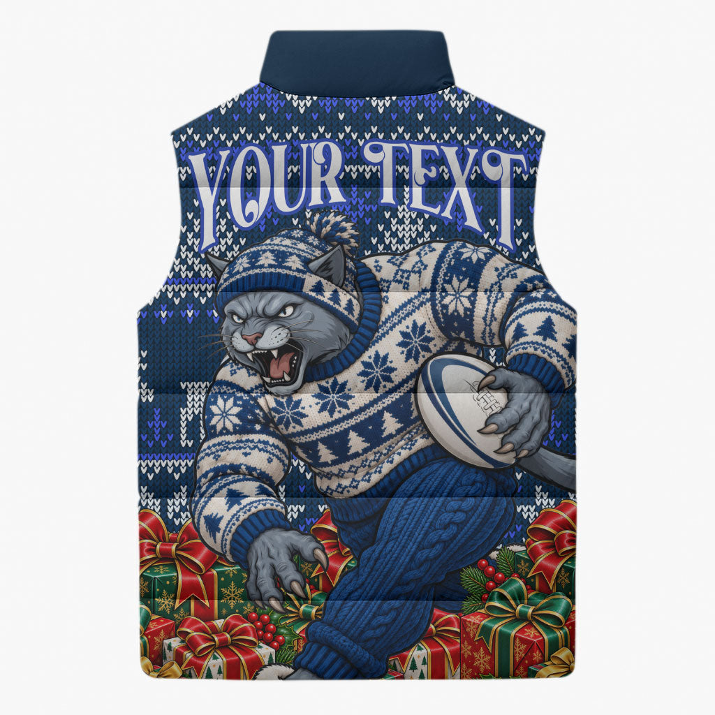 Personalized Geelong Cats Football Christmas Sleeveless Puffer Jacket Australian Football Mascot - Ugly Xmas Pattern Festive