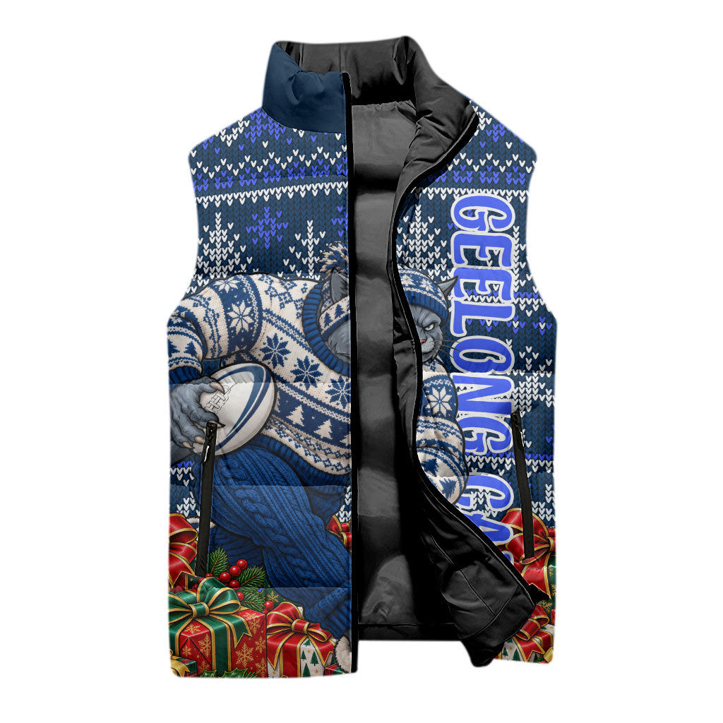 Personalized Geelong Cats Football Christmas Sleeveless Puffer Jacket Australian Football Mascot - Ugly Xmas Pattern Festive