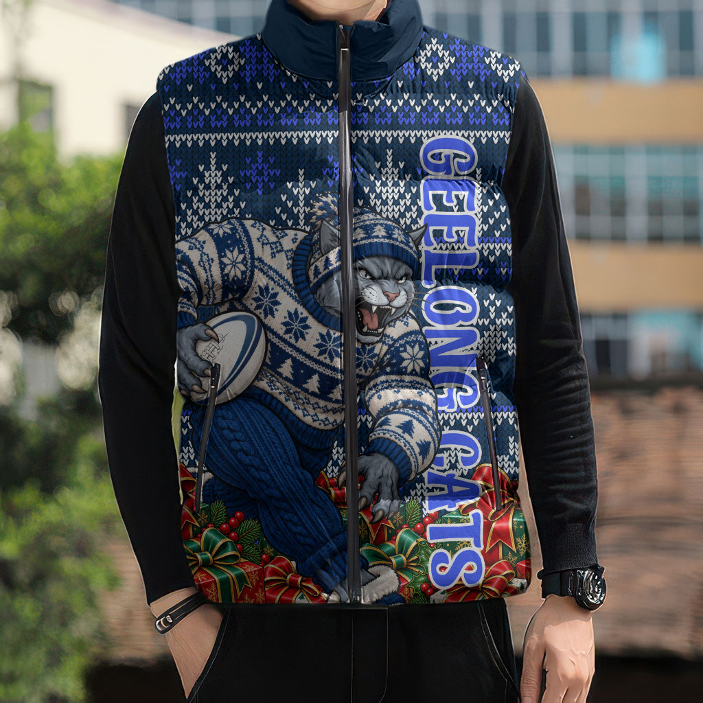 Personalized Geelong Cats Football Christmas Sleeveless Puffer Jacket Australian Football Mascot - Ugly Xmas Pattern Festive