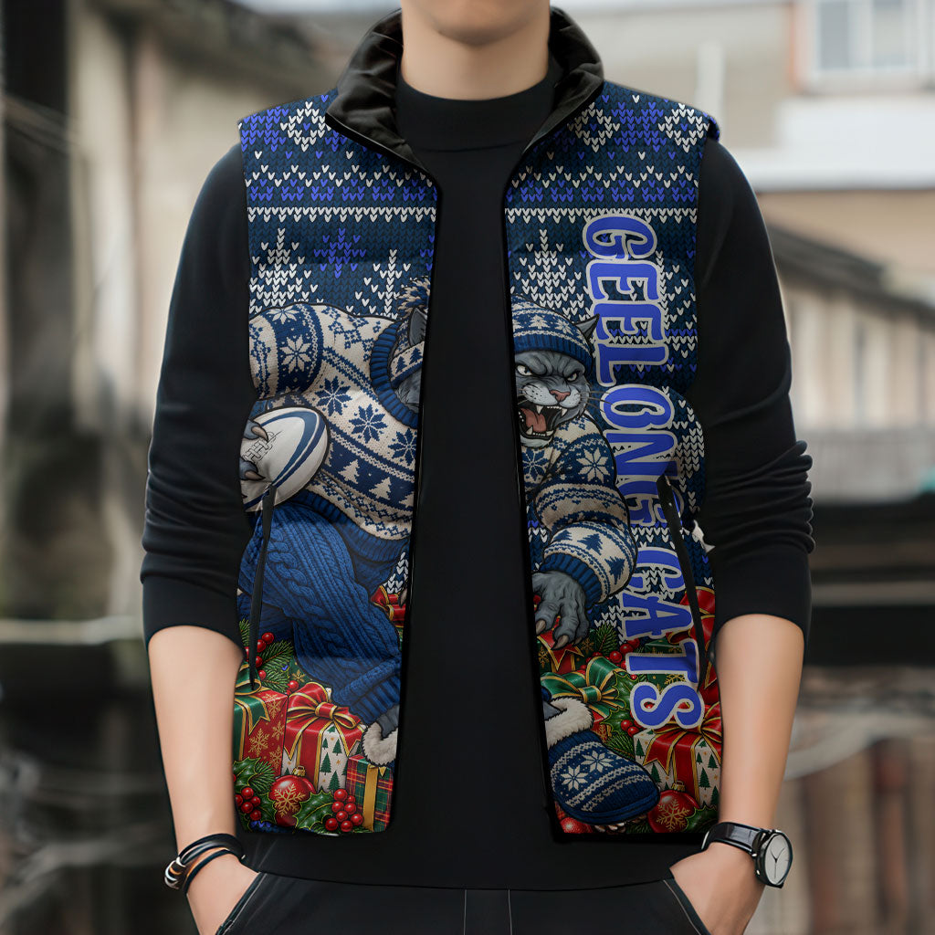 Personalized Geelong Cats Football Christmas Sleeveless Puffer Jacket Australian Football Mascot - Ugly Xmas Pattern Festive