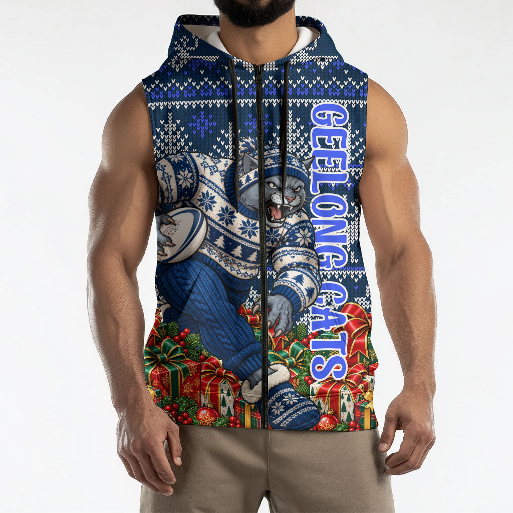 Personalized Geelong Cats Football Christmas Sleeveless Zip Hoodie Australian Football Mascot - Ugly Xmas Pattern Festive