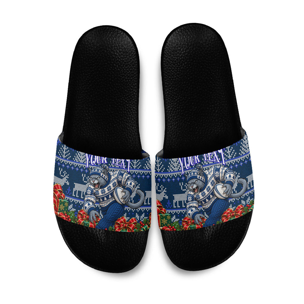 Personalized Geelong Cats Football Christmas Slide Sandals Australian Football Mascot - Ugly Xmas Pattern Festive