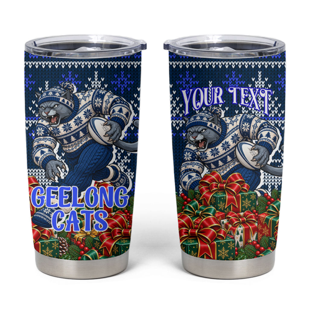 Personalized Geelong Cats Football Christmas Tumbler Cup Australian Football Mascot - Ugly Xmas Pattern Festive