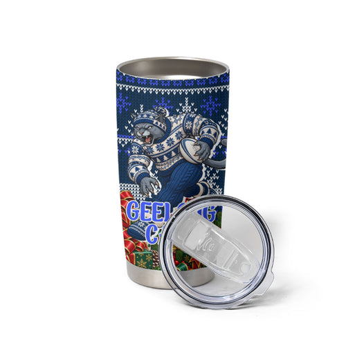Personalized Geelong Cats Football Christmas Tumbler Cup Australian Football Mascot - Ugly Xmas Pattern Festive