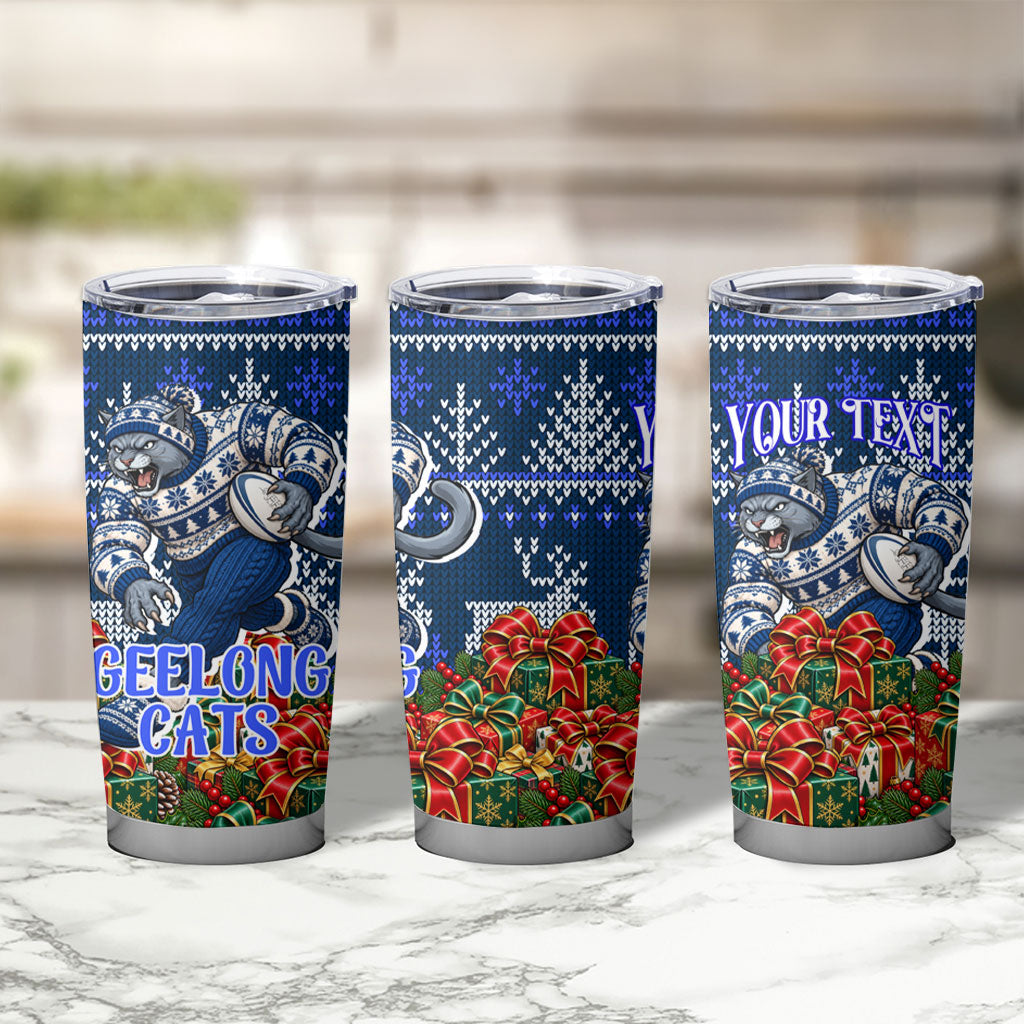 Personalized Geelong Cats Football Christmas Tumbler Cup Australian Football Mascot - Ugly Xmas Pattern Festive