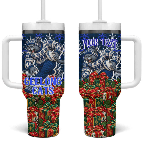 Personalized Geelong Cats Football Christmas Tumbler With Handle Australian Football Mascot - Ugly Xmas Pattern Festive