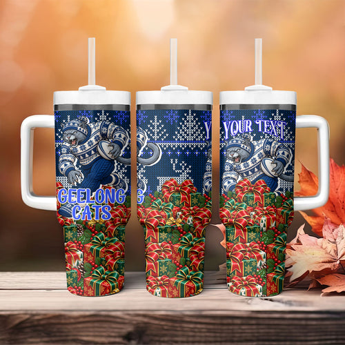 Personalized Geelong Cats Football Christmas Tumbler With Handle Australian Football Mascot - Ugly Xmas Pattern Festive