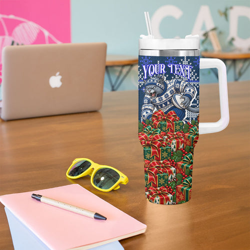 Personalized Geelong Cats Football Christmas Tumbler With Handle Australian Football Mascot - Ugly Xmas Pattern Festive
