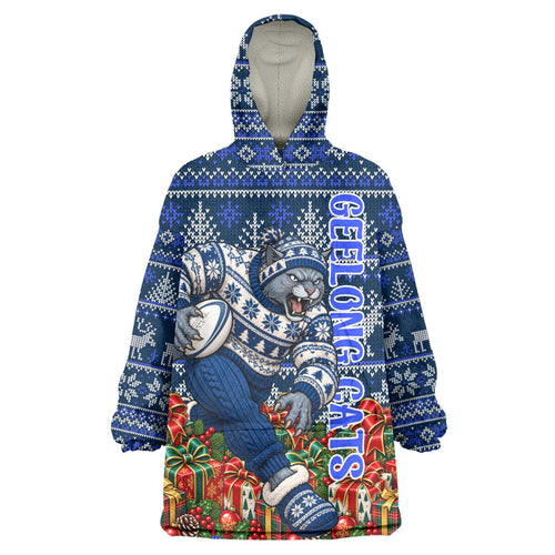 Personalized Geelong Cats Football Christmas Wearable Blanket Hoodie Australian Football Mascot - Ugly Xmas Pattern Festive