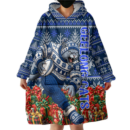 Personalized Geelong Cats Football Christmas Wearable Blanket Hoodie Australian Football Mascot - Ugly Xmas Pattern Festive