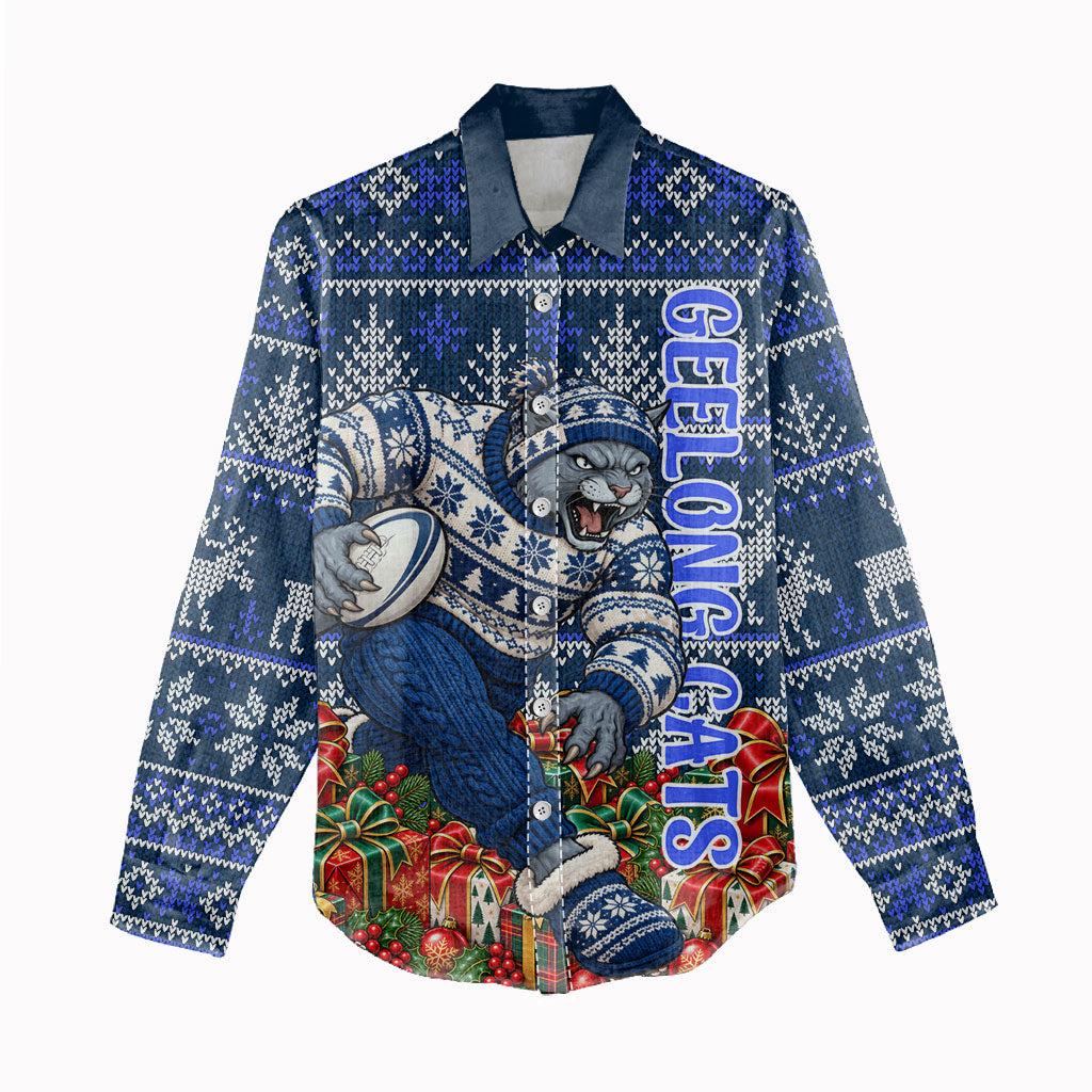 Personalized Geelong Cats Football Christmas Women Casual Shirt Australian Football Mascot - Ugly Xmas Pattern Festive
