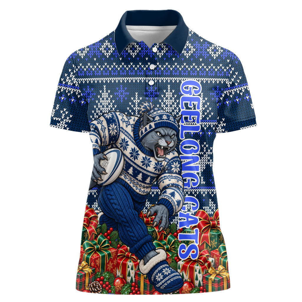 Personalized Geelong Cats Football Christmas Women Polo Shirt Australian Football Mascot - Ugly Xmas Pattern Festive