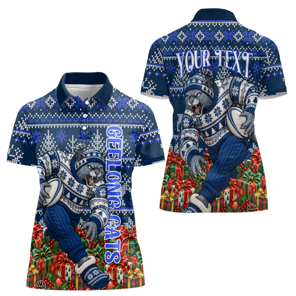 Personalized Geelong Cats Football Christmas Women Polo Shirt Australian Football Mascot - Ugly Xmas Pattern Festive