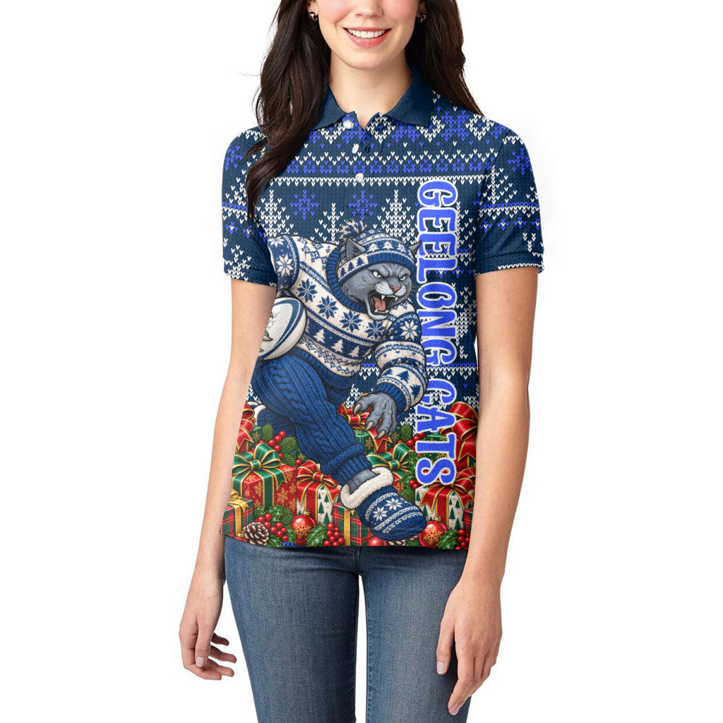 Personalized Geelong Cats Football Christmas Women Polo Shirt Australian Football Mascot - Ugly Xmas Pattern Festive