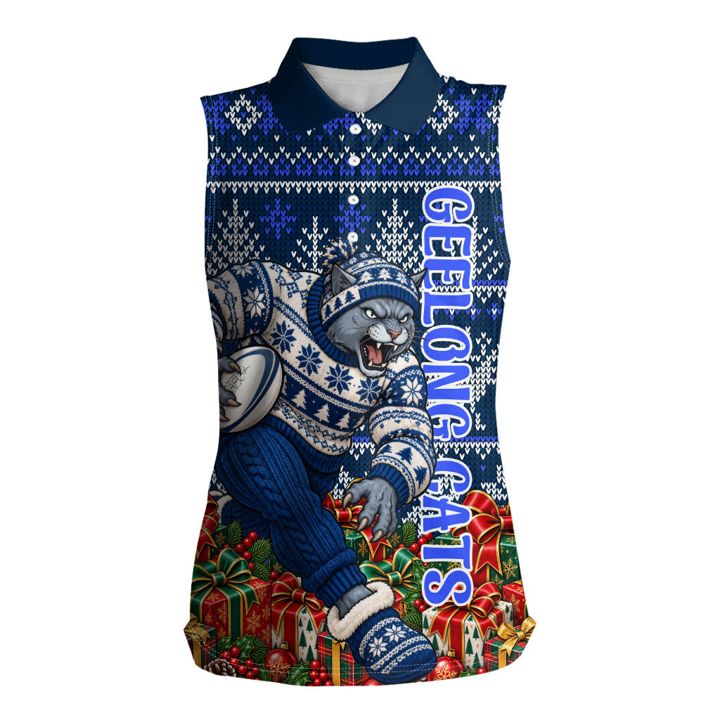 Personalized Geelong Cats Football Christmas Women Sleeveless Polo Shirt Australian Football Mascot - Ugly Xmas Pattern Festive