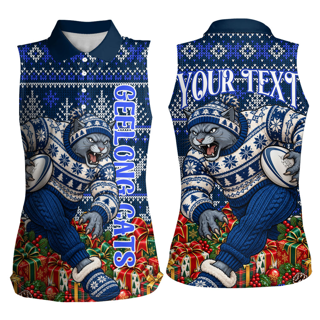 Personalized Geelong Cats Football Christmas Women Sleeveless Polo Shirt Australian Football Mascot - Ugly Xmas Pattern Festive
