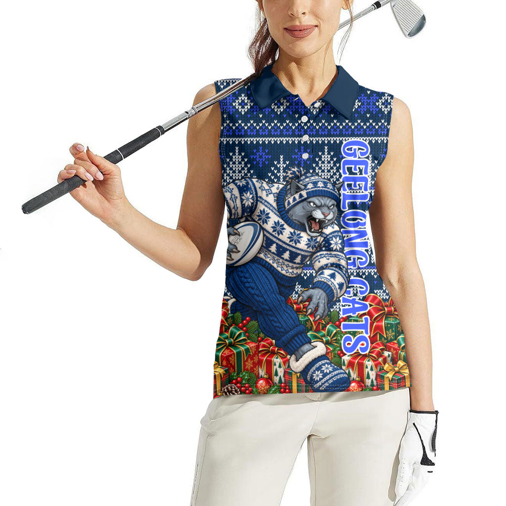 Personalized Geelong Cats Football Christmas Women Sleeveless Polo Shirt Australian Football Mascot - Ugly Xmas Pattern Festive