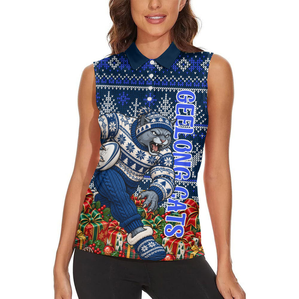 Personalized Geelong Cats Football Christmas Women Sleeveless Polo Shirt Australian Football Mascot - Ugly Xmas Pattern Festive