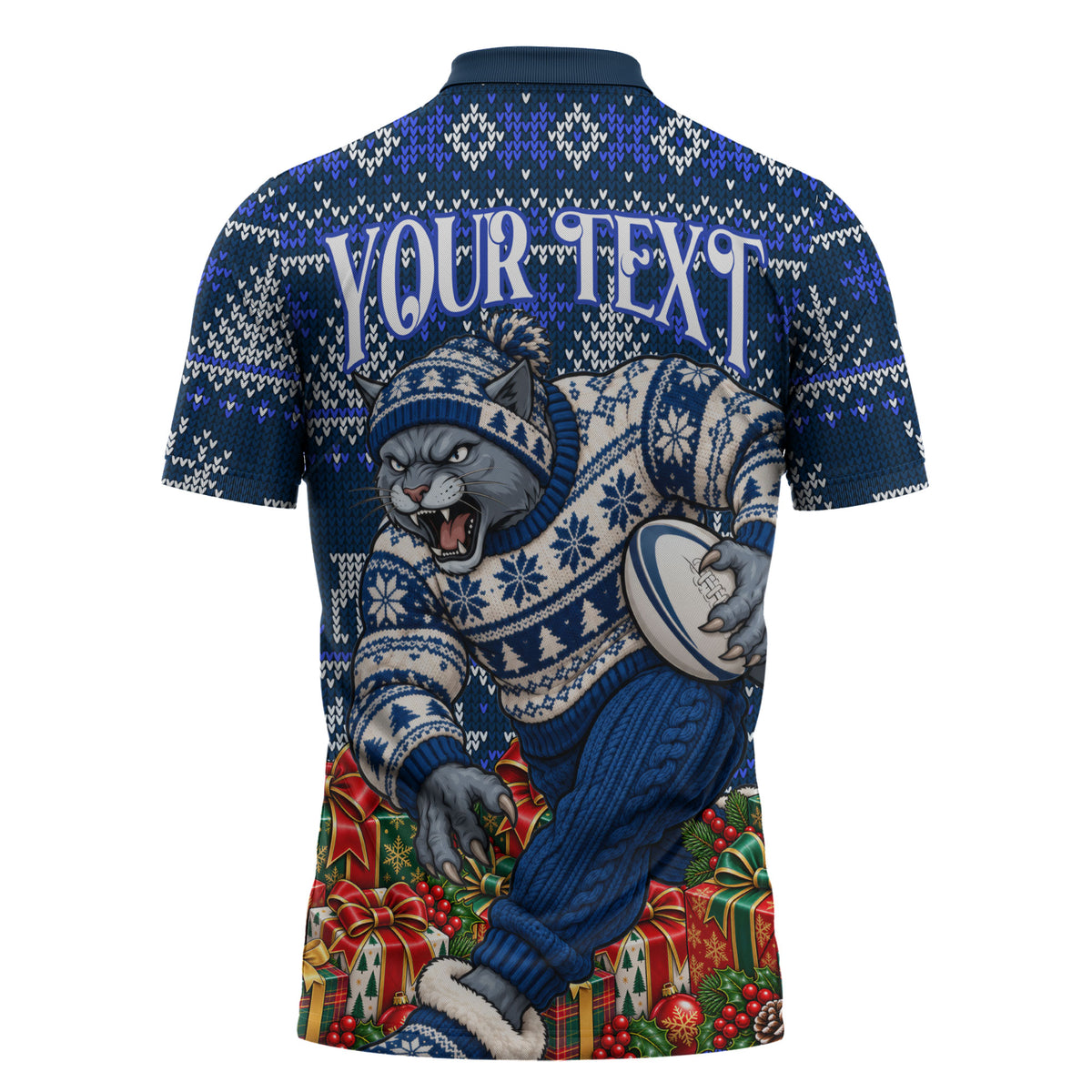 Personalized Geelong Cats Football Christmas Zipper Polo Shirt Australian Football Mascot - Ugly Xmas Pattern Festive