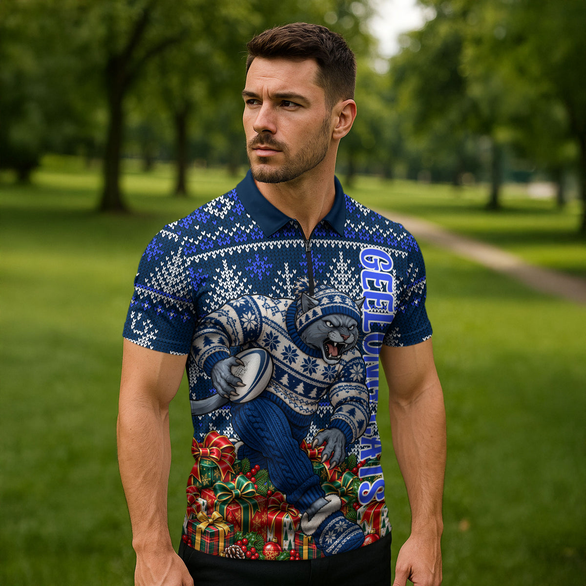 Personalized Geelong Cats Football Christmas Zipper Polo Shirt Australian Football Mascot - Ugly Xmas Pattern Festive