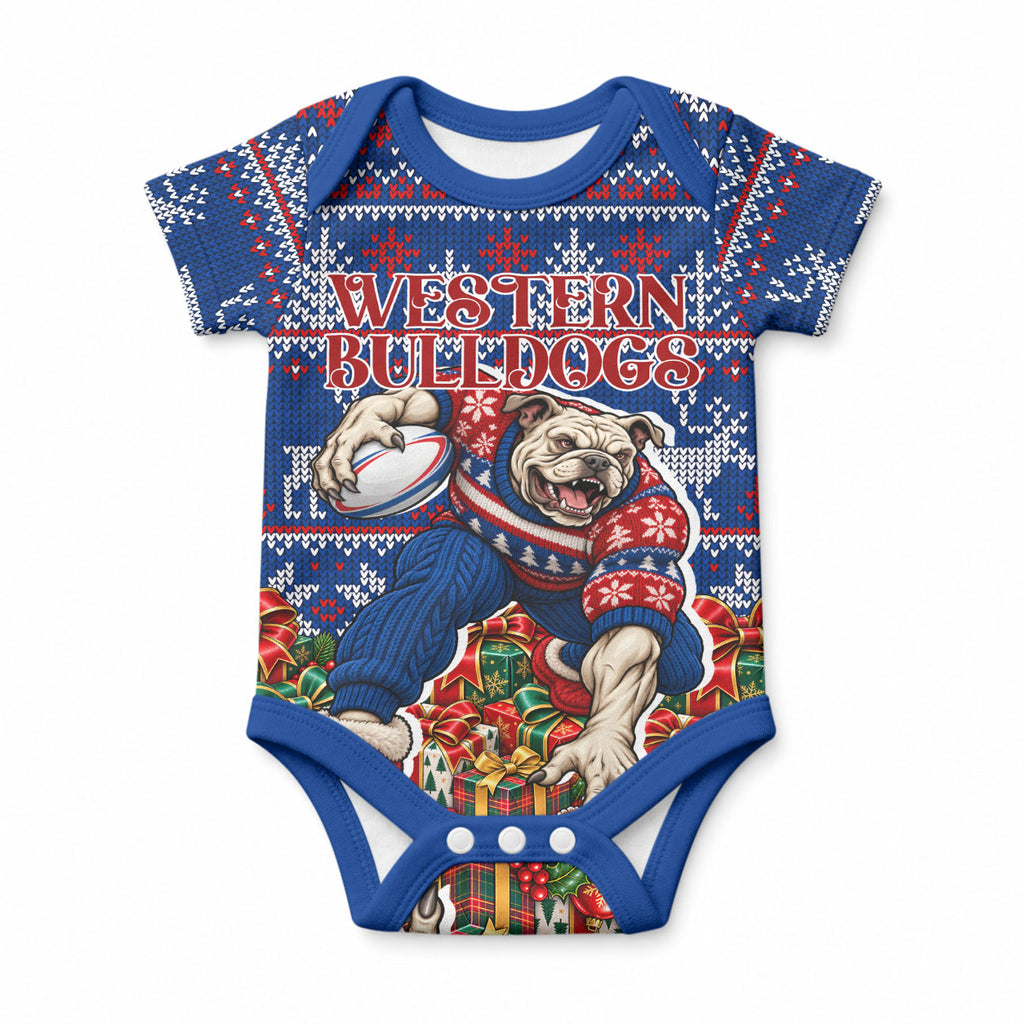 Personalized Western Bulldogs Football Christmas Baby Onesie Australian Football Mascot - Ugly Xmas Pattern Festive