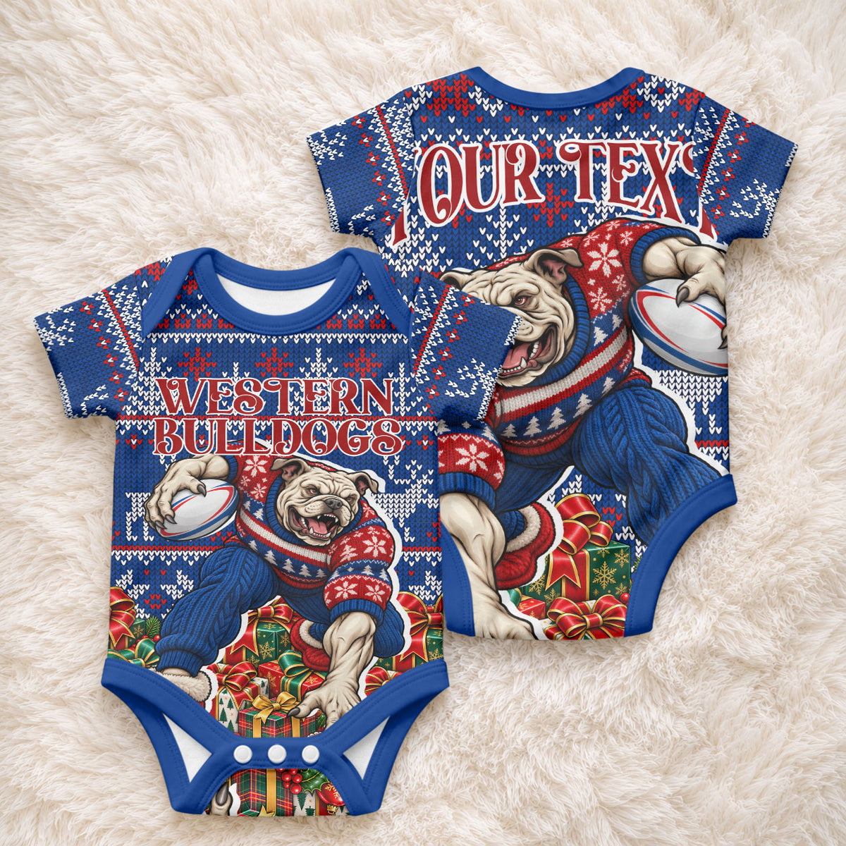 Personalized Western Bulldogs Football Christmas Baby Onesie Australian Football Mascot - Ugly Xmas Pattern Festive