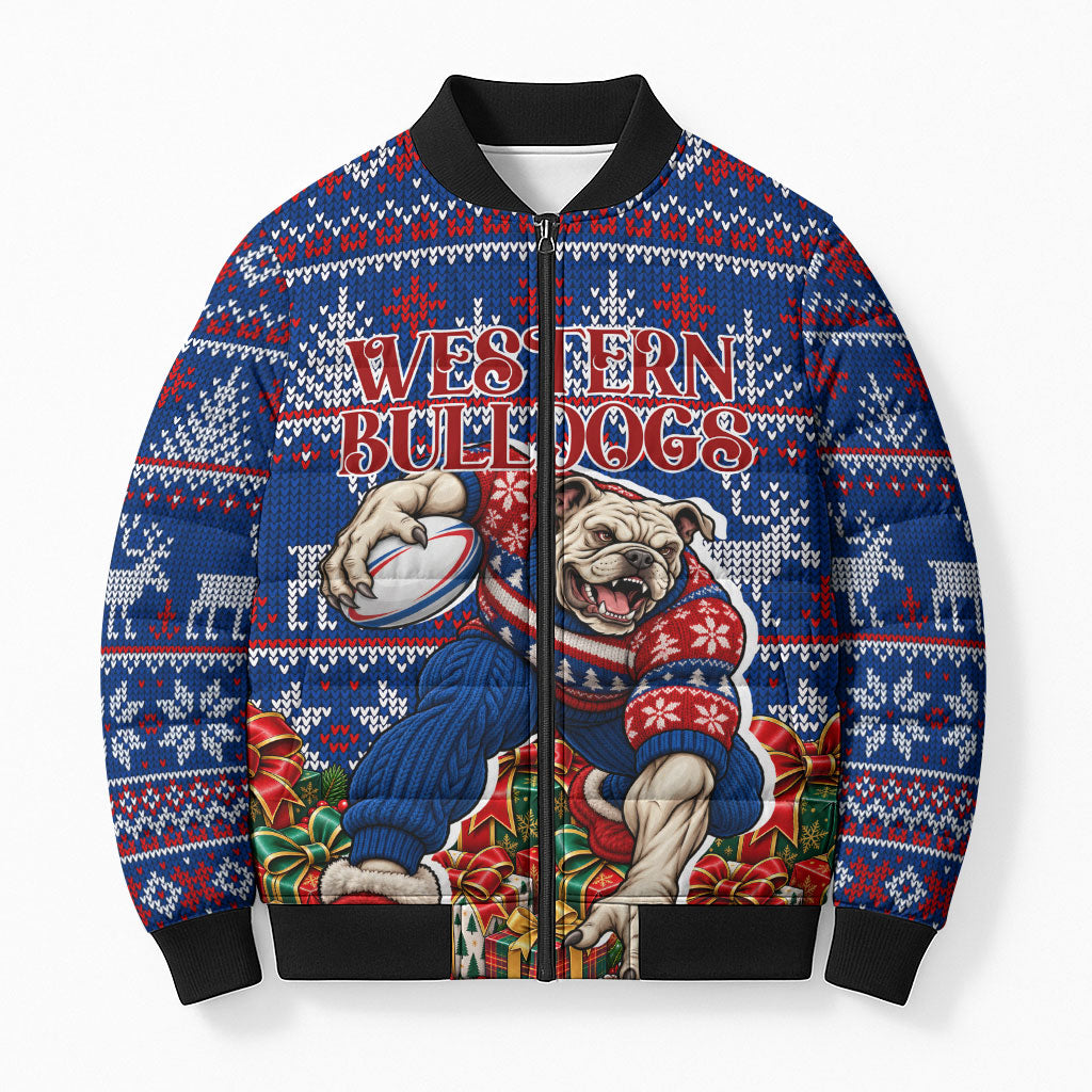Personalized Western Bulldogs Football Christmas Bomber Puffer Jacket Australian Football Mascot - Ugly Xmas Pattern Festive