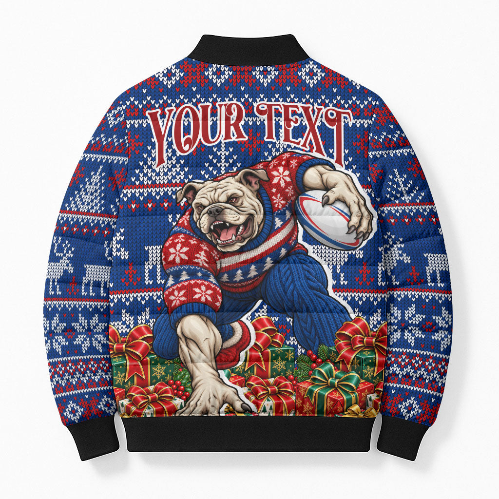 Personalized Western Bulldogs Football Christmas Bomber Puffer Jacket Australian Football Mascot - Ugly Xmas Pattern Festive