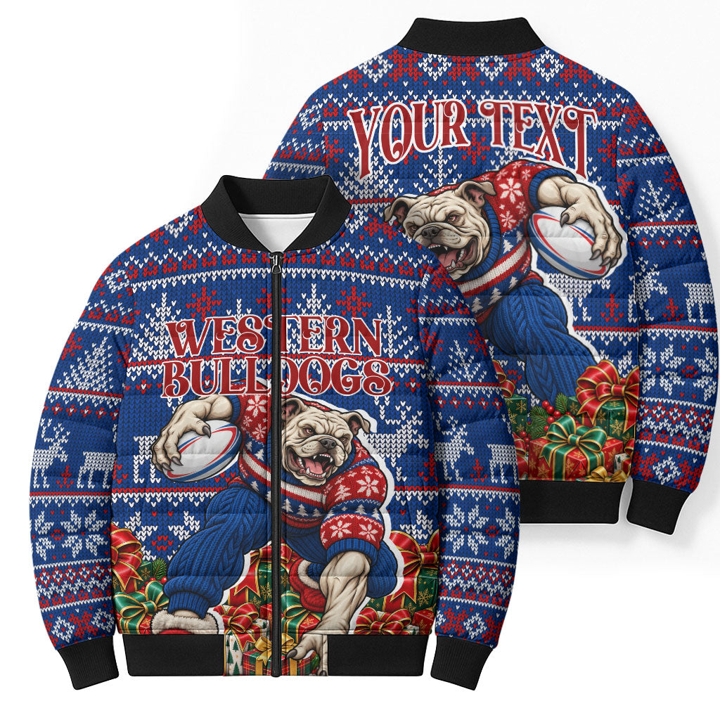 Personalized Western Bulldogs Football Christmas Bomber Puffer Jacket Australian Football Mascot - Ugly Xmas Pattern Festive