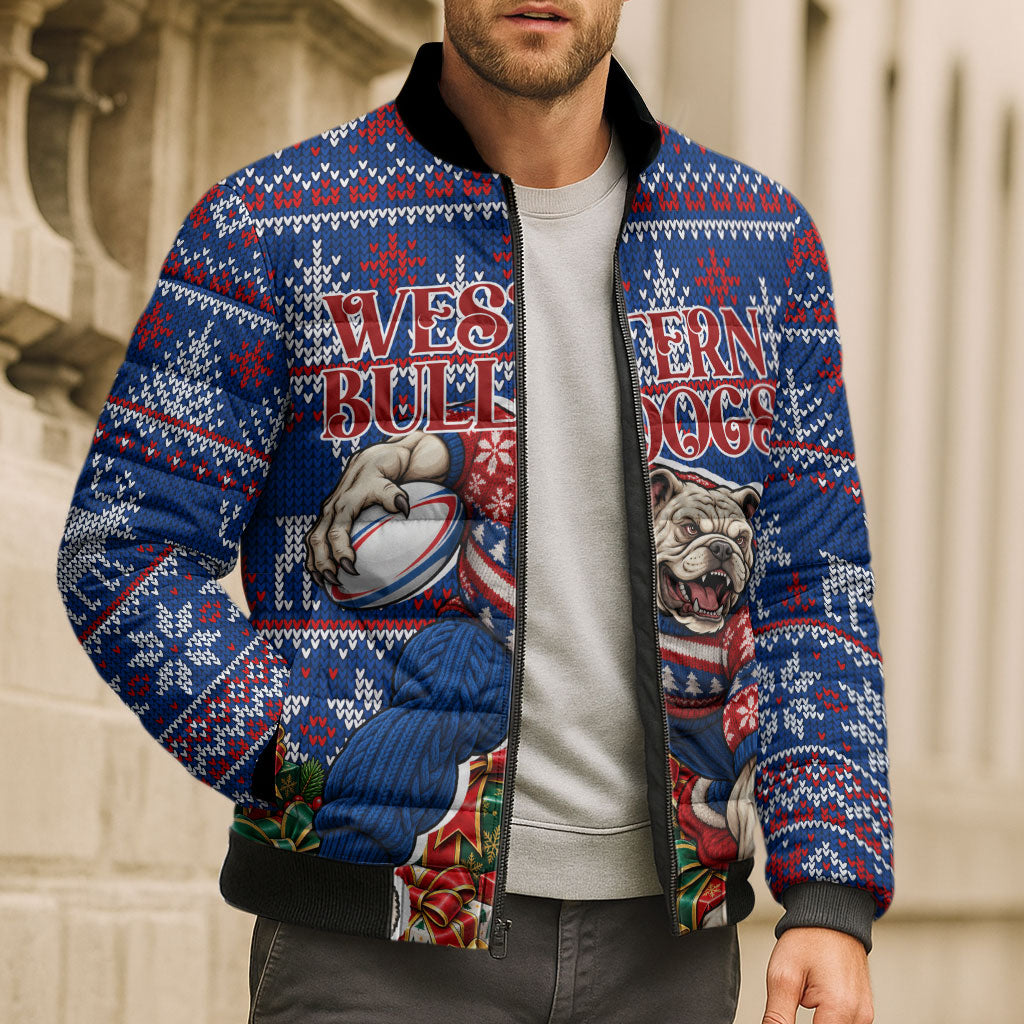 Personalized Western Bulldogs Football Christmas Bomber Puffer Jacket Australian Football Mascot - Ugly Xmas Pattern Festive