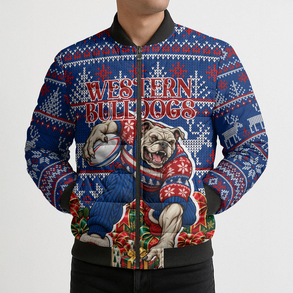 Personalized Western Bulldogs Football Christmas Bomber Puffer Jacket Australian Football Mascot - Ugly Xmas Pattern Festive