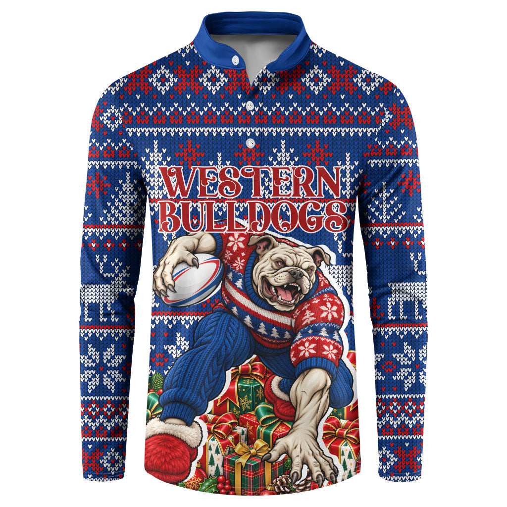 Personalized Western Bulldogs Football Christmas Button Sweatshirt Australian Football Mascot - Ugly Xmas Pattern Festive
