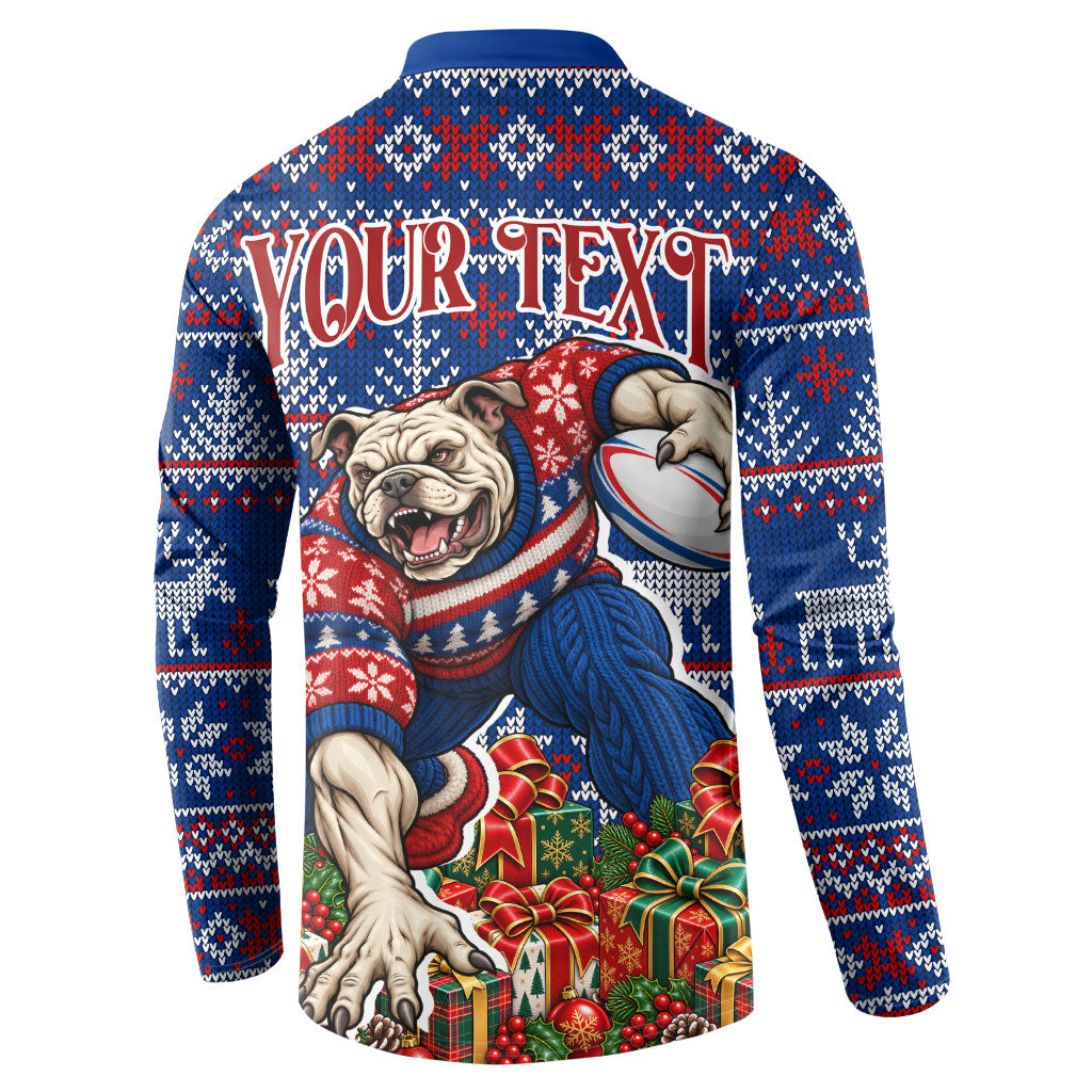 Personalized Western Bulldogs Football Christmas Button Sweatshirt Australian Football Mascot - Ugly Xmas Pattern Festive