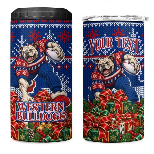 Personalized Western Bulldogs Football Christmas 4 in 1 Can Cooler Tumbler Australian Football Mascot - Ugly Xmas Pattern Festive