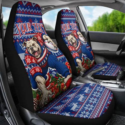 Personalized Western Bulldogs Football Christmas Car Seat Cover Australian Football Mascot - Ugly Xmas Pattern Festive