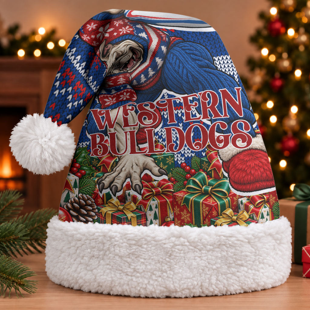 Western Bulldogs Football Christmas Santa Hat Australian Football Mascot - Ugly Xmas Pattern Festive