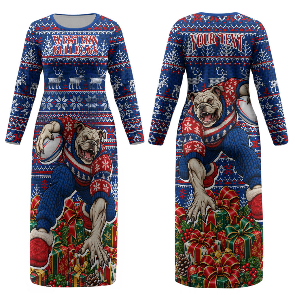Personalized Western Bulldogs Football Christmas Couples Matching Long Sleeve Bodycon Dress and Hawaiian Shirt Australian Football Mascot - Ugly Xmas Pattern Festive