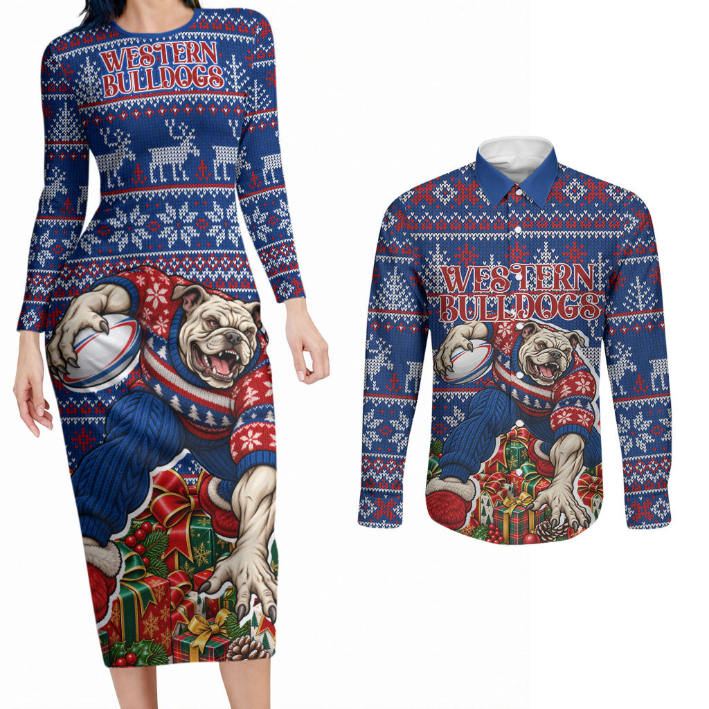 Personalized Western Bulldogs Football Christmas Couples Matching Long Sleeve Bodycon Dress and Long Sleeve Button Shirt Australian Football Mascot - Ugly Xmas Pattern Festive