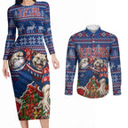 Personalized Western Bulldogs Football Christmas Couples Matching Long Sleeve Bodycon Dress and Long Sleeve Button Shirt Australian Football Mascot - Ugly Xmas Pattern Festive