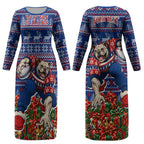 Personalized Western Bulldogs Football Christmas Couples Matching Long Sleeve Bodycon Dress and Long Sleeve Button Shirt Australian Football Mascot - Ugly Xmas Pattern Festive