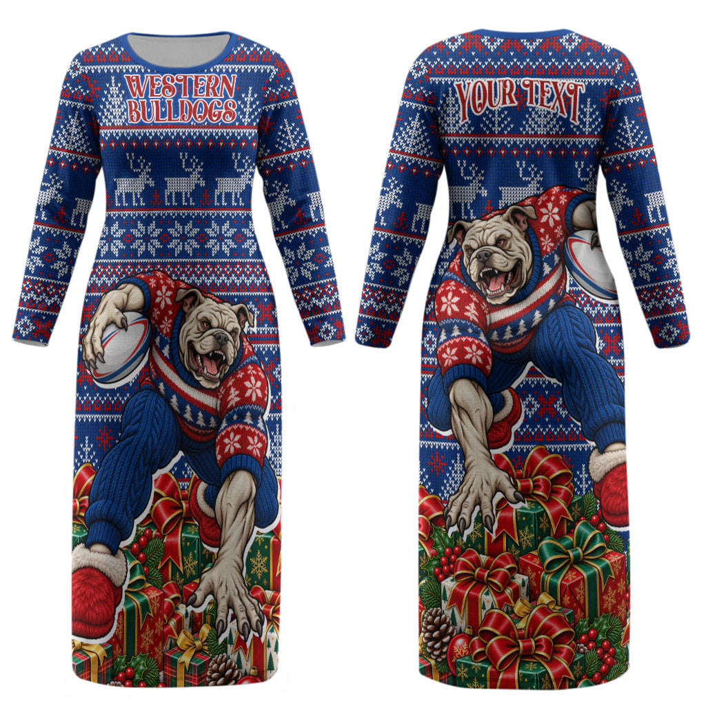 Personalized Western Bulldogs Football Christmas Couples Matching Long Sleeve Bodycon Dress and Long Sleeve Button Shirt Australian Football Mascot - Ugly Xmas Pattern Festive