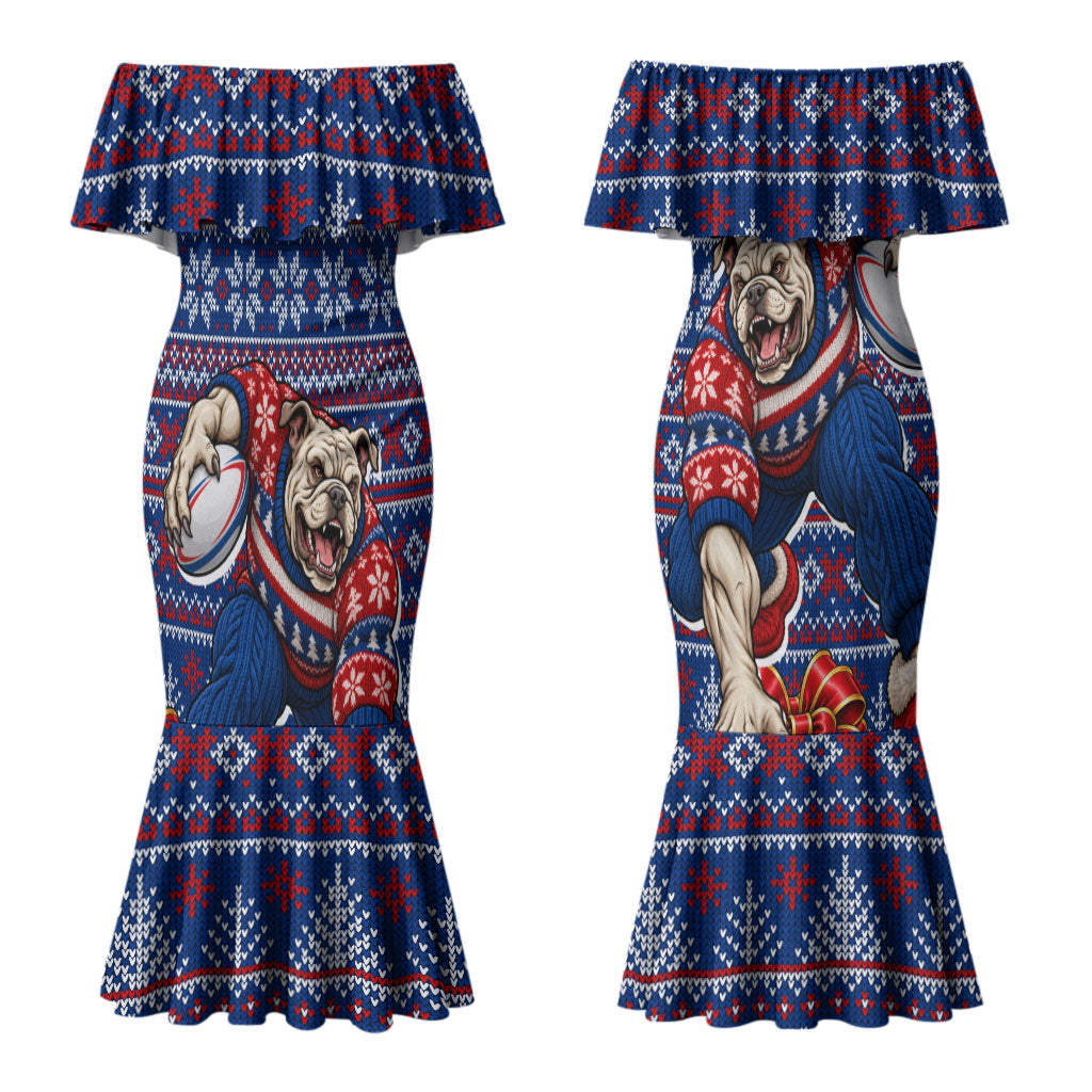 Personalized Western Bulldogs Football Christmas Couples Matching Mermaid Dress and Hawaiian Shirt Australian Football Mascot - Ugly Xmas Pattern Festive