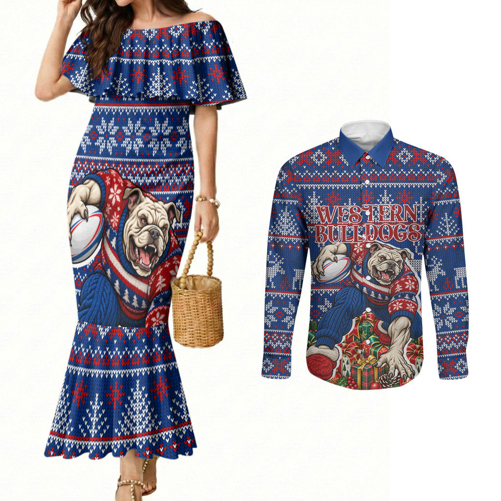 Personalized Western Bulldogs Football Christmas Couples Matching Mermaid Dress and Long Sleeve Button Shirt Australian Football Mascot - Ugly Xmas Pattern Festive