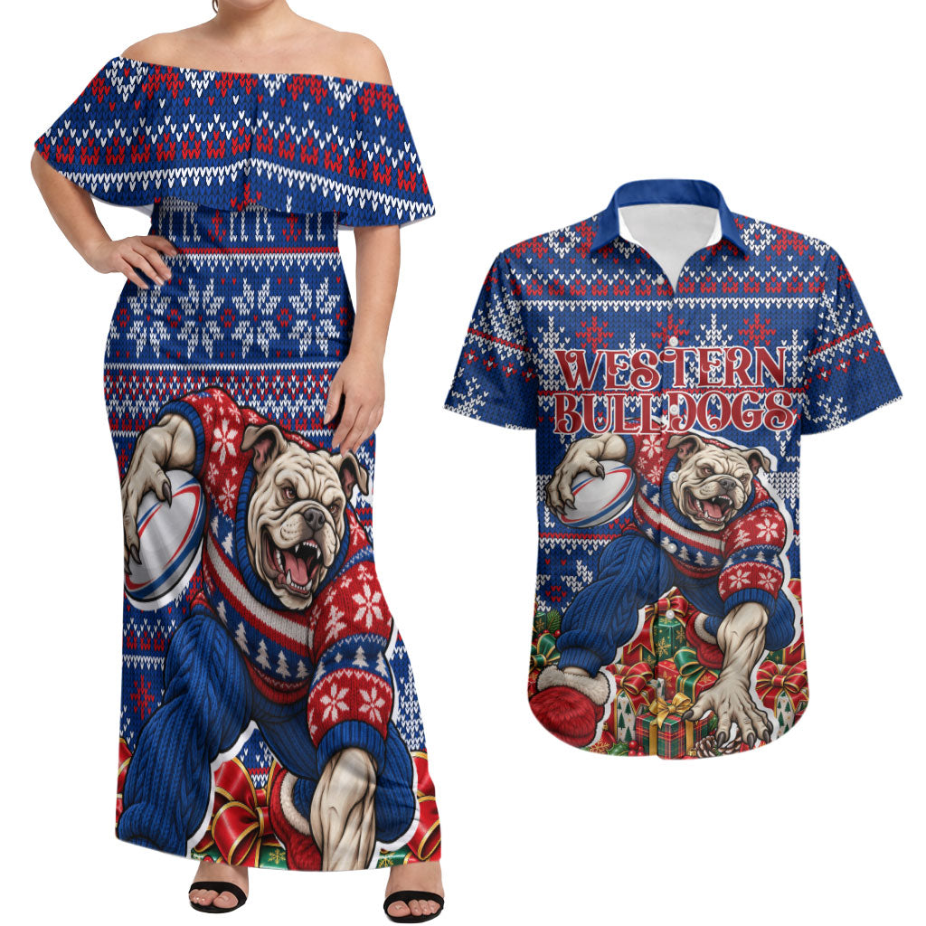 Personalized Western Bulldogs Football Christmas Couples Matching Off Shoulder Maxi Dress and Hawaiian Shirt Australian Football Mascot - Ugly Xmas Pattern Festive