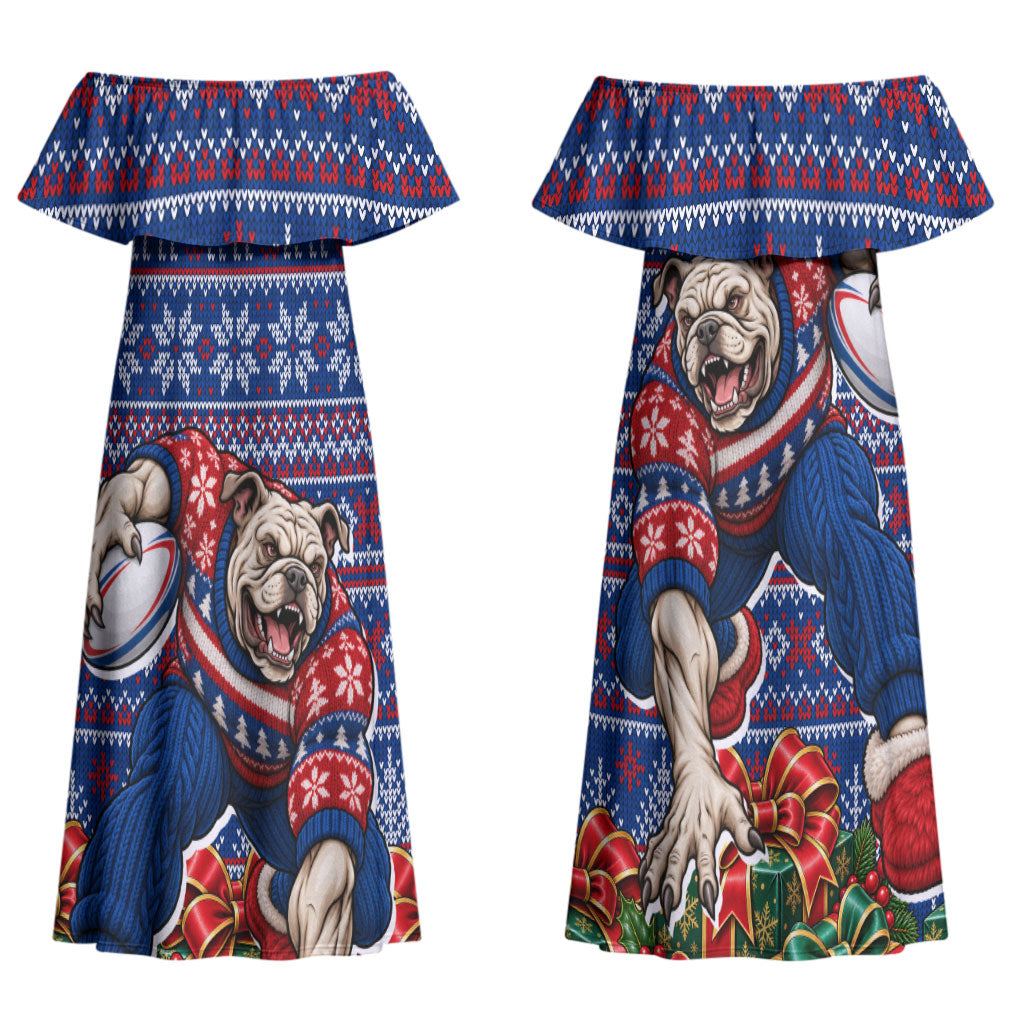 Personalized Western Bulldogs Football Christmas Couples Matching Off Shoulder Maxi Dress and Hawaiian Shirt Australian Football Mascot - Ugly Xmas Pattern Festive