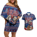 Personalized Western Bulldogs Football Christmas Couples Matching Off Shoulder Short Dress and Hawaiian Shirt Australian Football Mascot - Ugly Xmas Pattern Festive