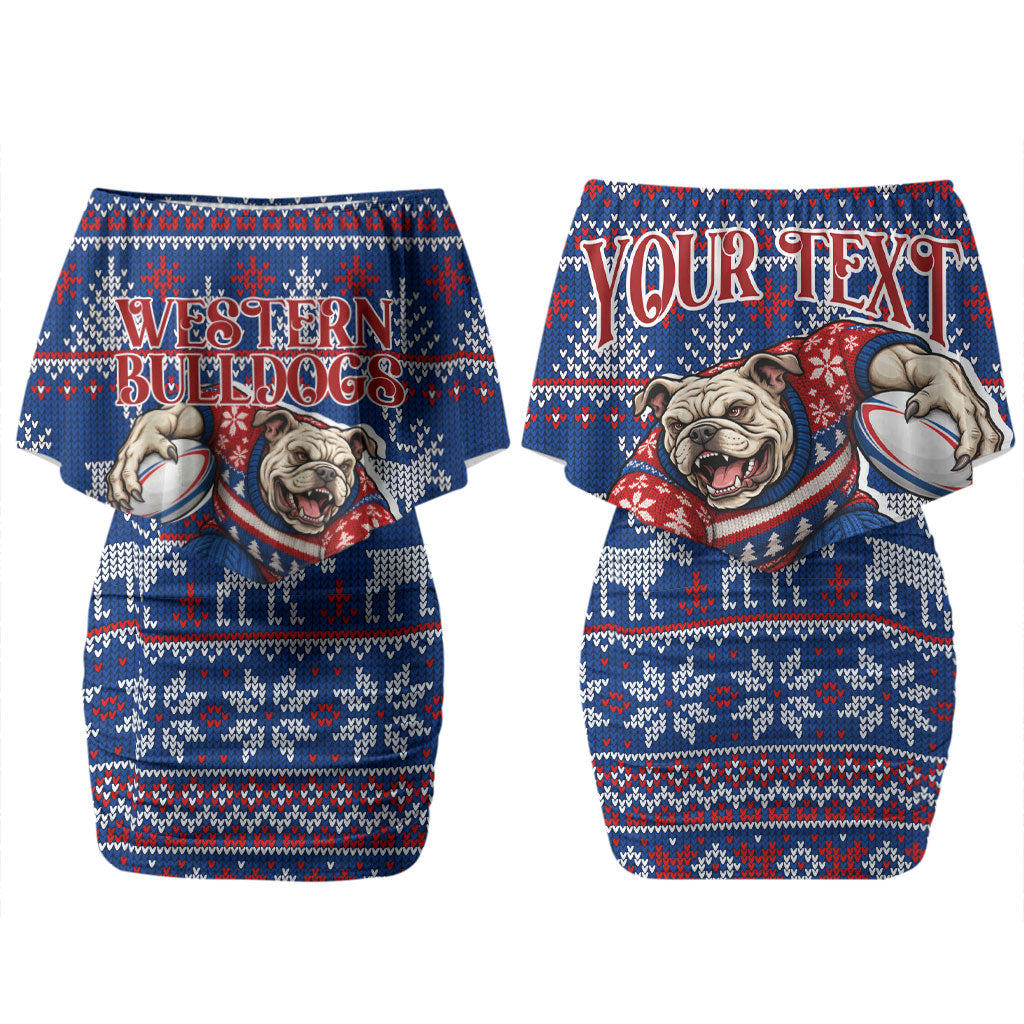 Personalized Western Bulldogs Football Christmas Couples Matching Off Shoulder Short Dress and Hawaiian Shirt Australian Football Mascot - Ugly Xmas Pattern Festive