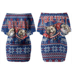 Personalized Western Bulldogs Football Christmas Couples Matching Off Shoulder Short Dress and Hawaiian Shirt Australian Football Mascot - Ugly Xmas Pattern Festive