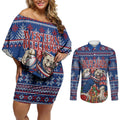 Personalized Western Bulldogs Football Christmas Couples Matching Off Shoulder Short Dress and Long Sleeve Button Shirt Australian Football Mascot - Ugly Xmas Pattern Festive